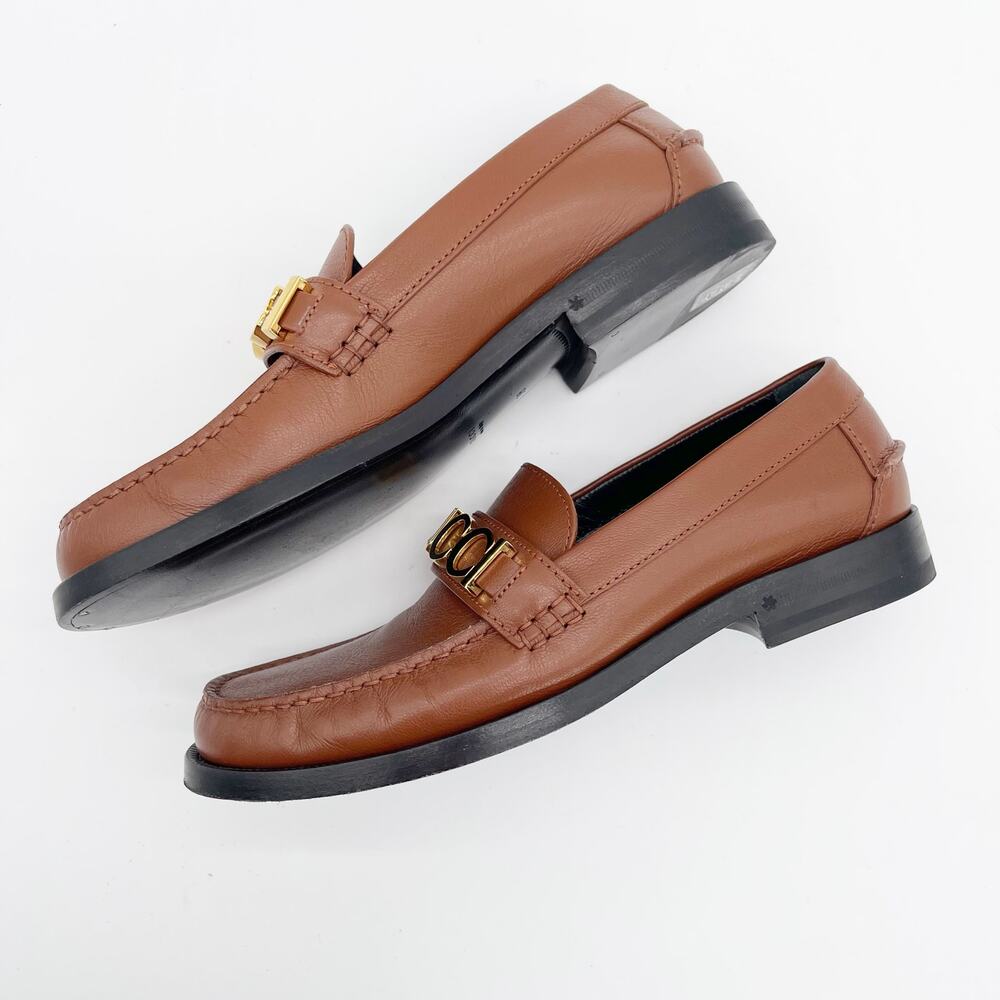 Gucci Cara Brown Pebbled Leather Gold Logo Hardware Loafers EU 38 - Picture 4 of 12